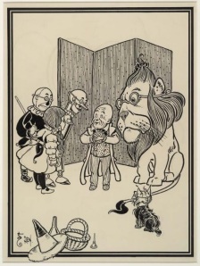 Dorothy, the Tin Man, the Scarecrow, and the Cowardly Lion (not to mention Toto) discover the wrinkled, shrunken fraud who had managed to intimidate them and everyone else with loud noises from behind a screen. Original drawing by W. W. Denslow
